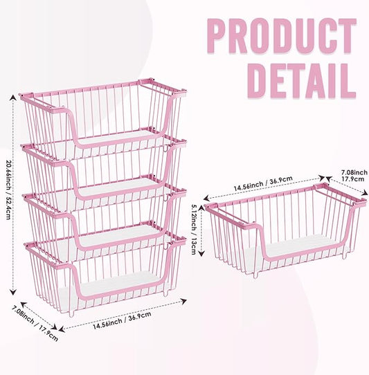 4 Pcs Stackable Wire Baskets for Pantry Organizers and Storage,Vegetable Fruit Basket for Countertop,Kitchen Storage Metal Baskets,Produce Potato Onion Storage Bin,pink