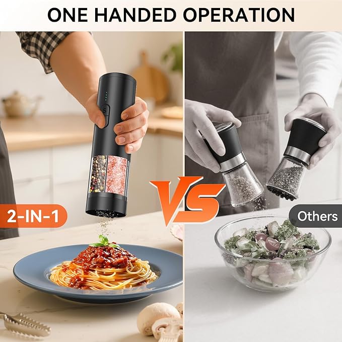 2 in 1 Electric Salt and Pepper Grinder Set, USB Rechargeable, Automatic Salt and Pepper Mill Shakers with Battery Display, LED Light, Adjustable Coarseness Ideal for Kitchen Gift(Black)