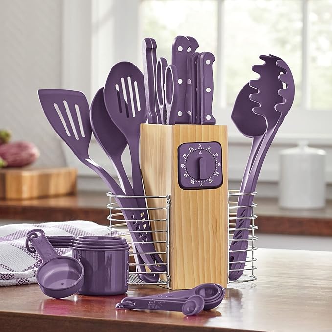 Montgomery Ward 25-Piece Cutlery and Utensil Set, Purple - Apartment Essentials Kitchen Prep Kit with Full-Tang Knives (Purple)