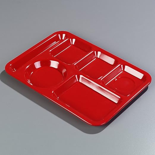 Carlisle FoodService Products Plastic Meal Tray Left-Handed Heavyweight Lunch Tray with 6-Compartments for Schools, Cafeterias, and Dining Halls, Melamine, 14 x 10 Inches, Red, (Pack of 12)
