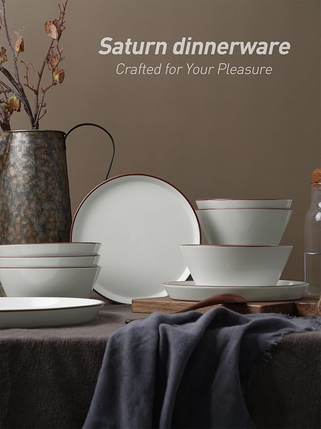 Famiware Saturn Dinnerware Sets, Speckled Plates and Bowls Sets for 4, 12 Pieces Stoneware Dish Set - Chip and Scratch Resistant, Microwave and Dishwasher Safe Tableware Set, White with Rim