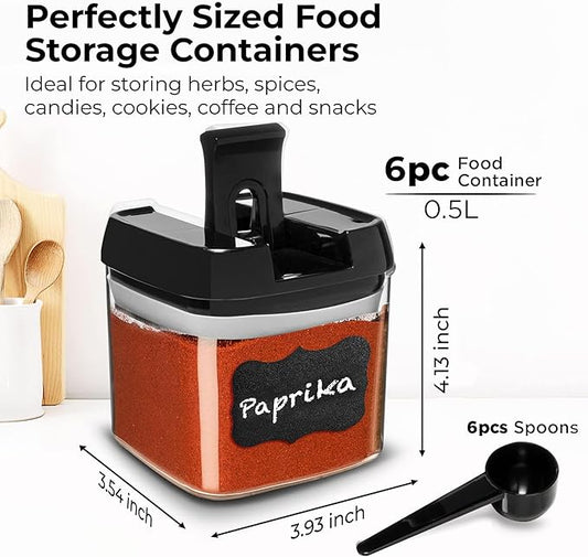 Shazo 6 PC Airtight Food Storage Containers + 6 Spoons - BPA Free Clear Plastic Snack & Spice Containers with Easy Lock Lids - Kitchen and Pantry Organization for Herbs, Coffee, Tea - 0.5L / 2.1 Cups