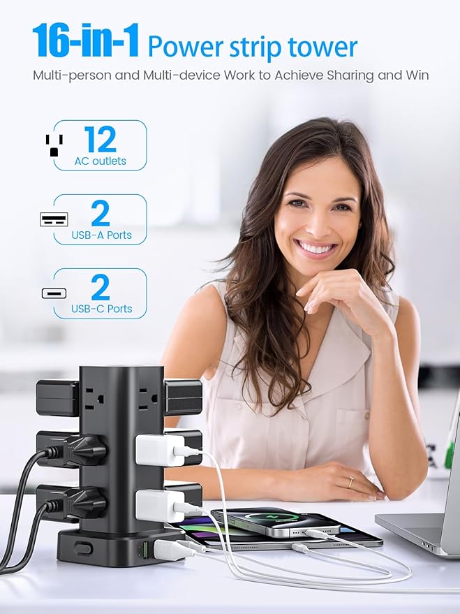Flat Plug Power Strip Tower Surge Protector, 10FT Flat Extension Cord with Multiple Outlets, 12 AC Outlets, 4 USB Ports (2 USB C) Charging Station for Office Home Dorm Room Travel (Black)
