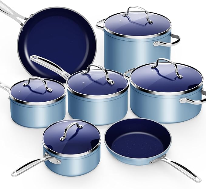 Nuwave 12pc Forged Lightweight Cookware Set, G10 Healthy Duralon Ceramic Ultra Non-Stick Coating, Vented Tempered Glass Lids, Stay-Cool Handles, Induction-Ready & Works on All Cooktops, PFAS Free