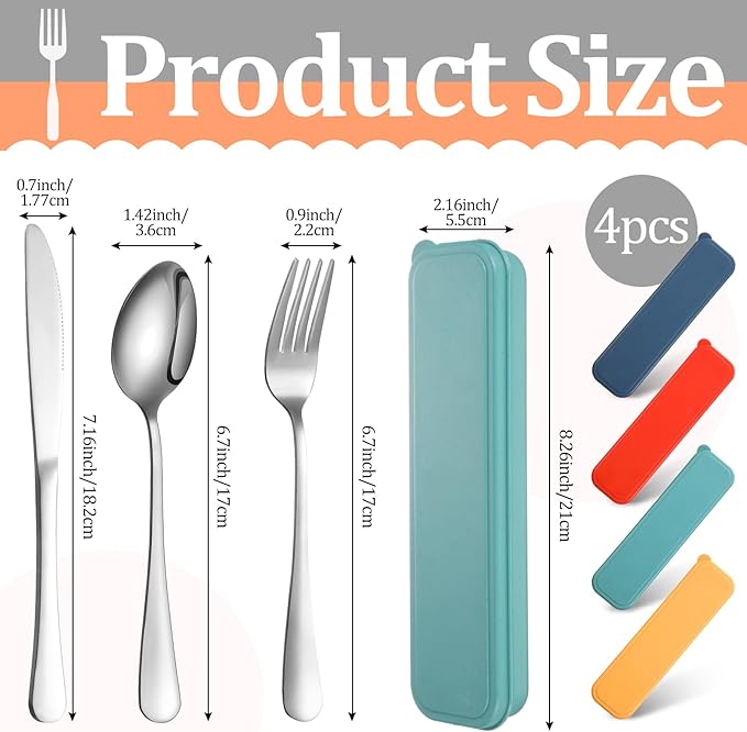 Yinkin 4 Pack Portable Travel Utensils Set with Case Reusable Stainless Steel Silverware Flatware Camping Cutlery Include Fork Spoon Knife for Work School Dishwasher Safe(Mixed Color)