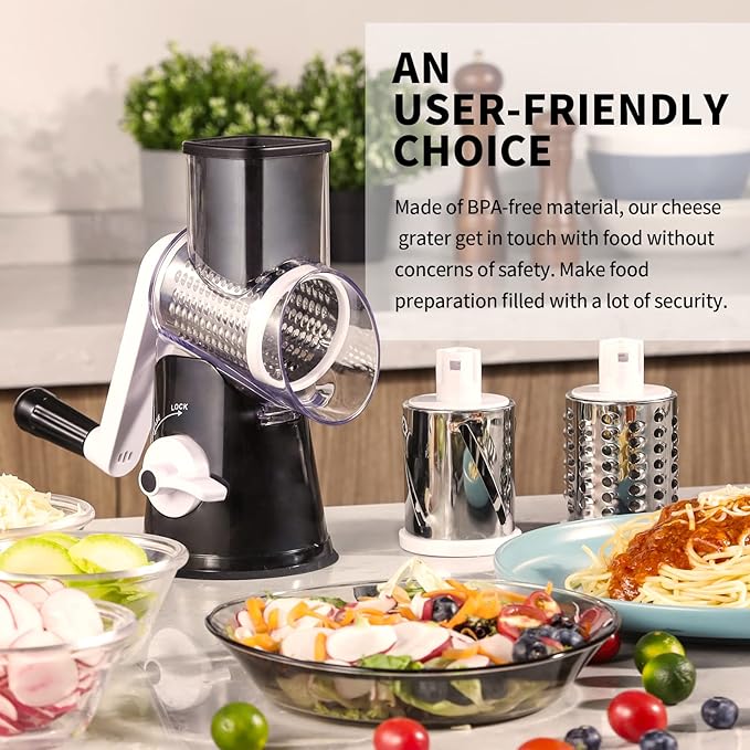 Rotary Cheese Grater, 3 in 1 Cheese Shredder Grater Rotary with Handle, Vegetable Mandoline Slicer Shredder for Vegetable, Cheese, Nut