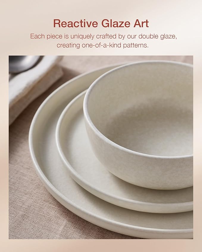 Famiware Milkyway Stoneware Dinnerware Sets with Pasta Bowls, Service for 6 (24 Pieces), Reactive Glaze Plates and Bowls Sets, Microwave and Dishwasher Safe Dishes Set, Matte Beige White