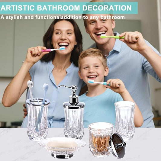 Bathroom Accessories Set,5 Pcs Clear Glass Bathroom Accessory Set,Complete Lotion Soap Dispenser,Toothbrush Holder,Soap Dish,Tumbler & Jar,Modern Bathroom Decor Sets,Gift for Home Apartment,Round