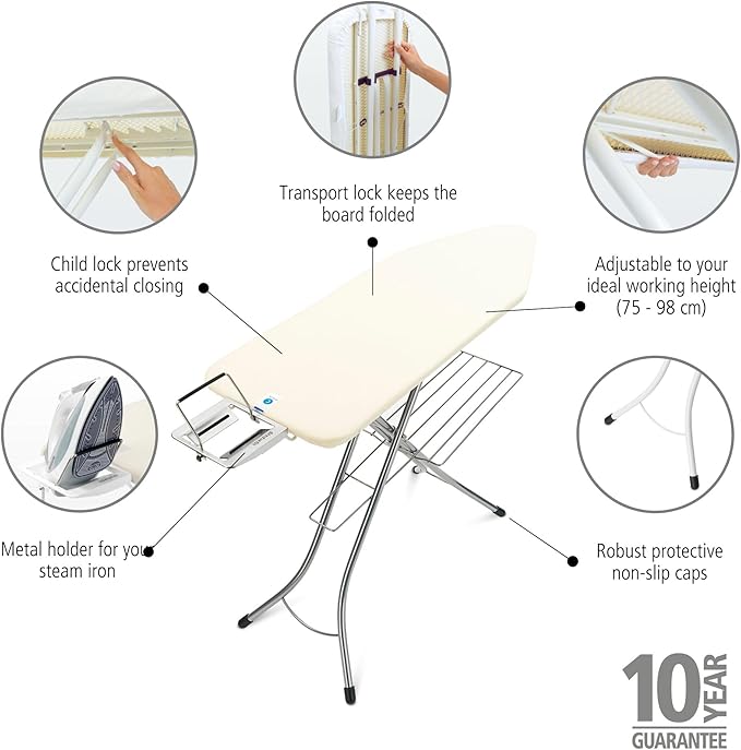 Brabantia Size C Ironing Board (49 x 18in) 7 Height Options, Adjustable Steam Iron Rest Holder & Linen Rack (Ecru) Non-Slip Feet, Anti-Collapse Child Locks