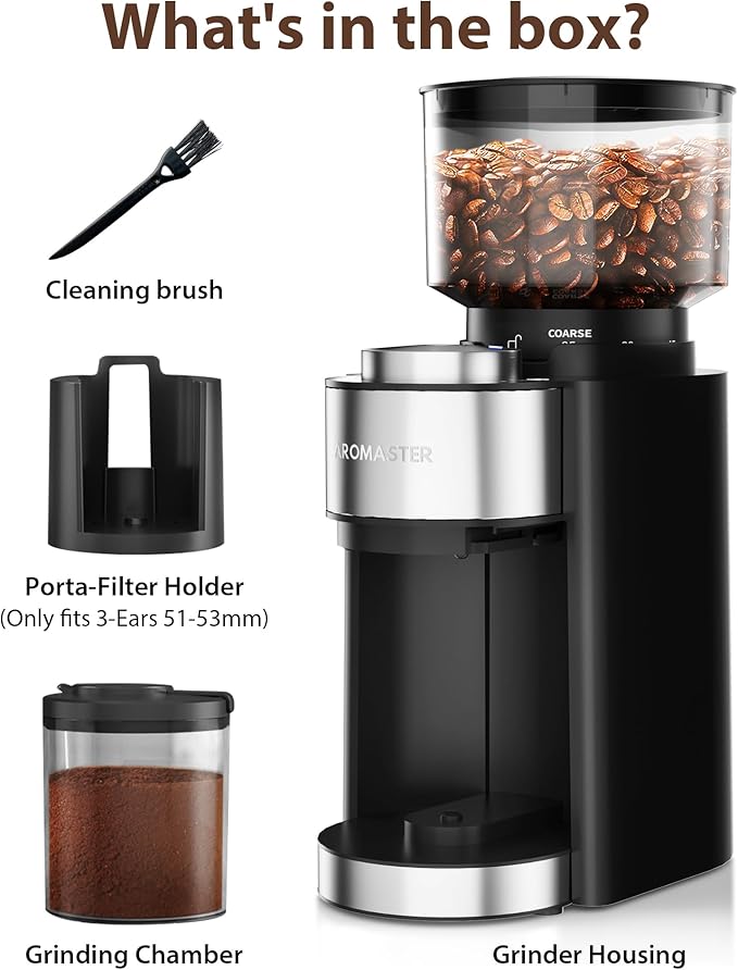 Aromaster Conical Burr Coffee Grinder with 25 Grind Settings,Adjustable 2-12 Cups Timer,Coffee Bean Grinder,3-Ear Portafilter Holder, Anti-static Design,Cleaning Brush Included,Premium Black