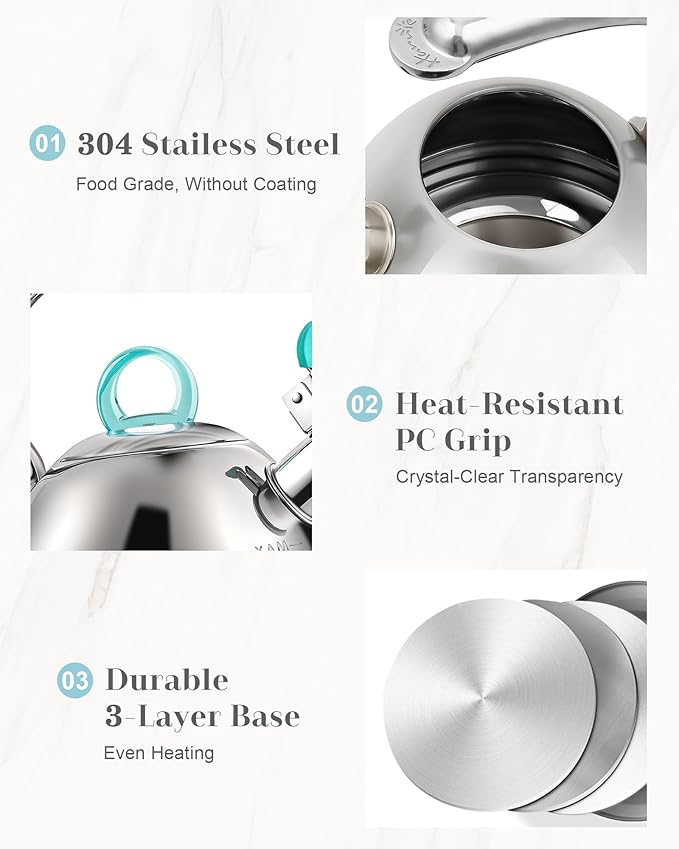 Harriet Tea Kettle Stovetop, 2.5 Quart Whistling Stainless Steel Tea Pot, 3-Layer Base, Unique Ergonomic Handle, Includes Pot Holder & Mat, Electric/Induction/Gas Stovetops Applicable, Mirror Finish