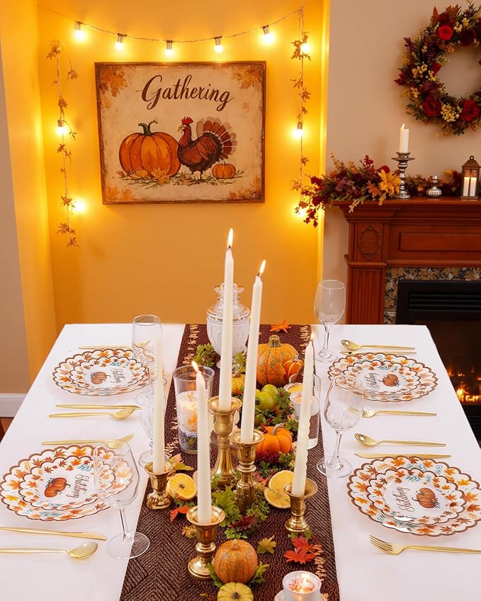 Supernal 60pcs Thanksgiving Plastic Plates Heavy Duty,Fancy Scalloped Plates with Fall Pumpkin and Autumn Maple Leaves, Include 30 Dessert Plate&Dinner Plastic Plate for Thanksgiving Party