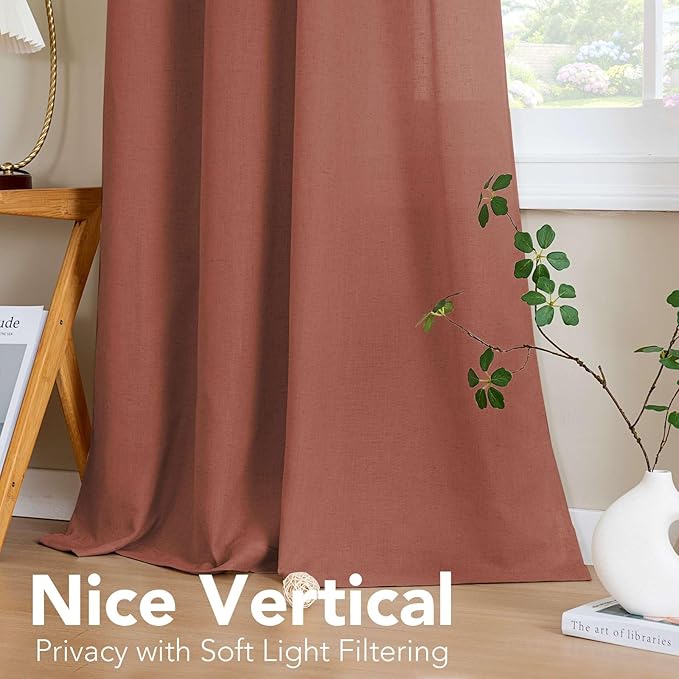 H.VERSAILTEX Living Room Linen Curtains Semi Sheer Curtains Nickel Grommet Curtain Energy Saving Light Filtering Window Treatments Panels for Bedroom, Rust, 2 Panels, 52 x 72 - Inch