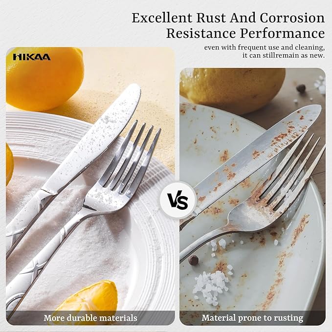HIKAA 60PCS Stainless Steel Silverware Set, Modern Flatware Set for Kitchen, Mirror Polished Cutlery Set with Forks, Spoons and Knives,Dishwasher Safe
