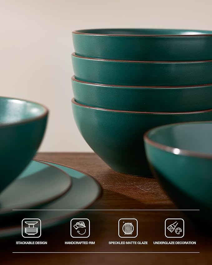 Famiware Venus Plates and Bowls Sets, 18 Pieces Stoneware Dinnerware Sets, Speckled Dishes Set for 6, Microwave and Dishwasher Safe, Matte Dark Green