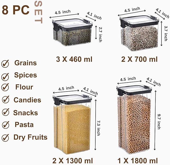 Airtight food storage containers, canisters for countertops, pantry organizers and storage, kitchen organizers and storage- 8Pc