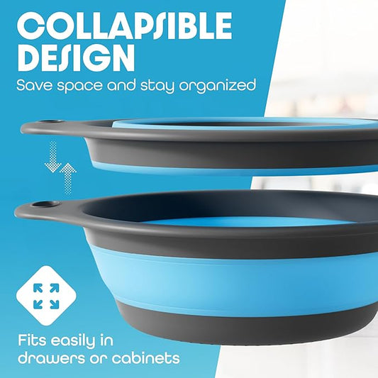 Strainer with Self-Draining Base (5QT) Over-Sink Collapsible Kitchen Colander Set with Side-drain Base for Pasta Vegetables and Fruit, XL Large Capacity, Dishwasher Safe (5-Quart) Blue/Gray