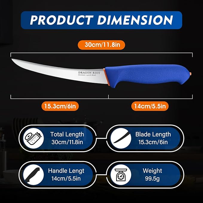 DRAGON RIOT 6 Inch Boning Knife, Flexible Curved Blade Processing Knife for Brisket Meat Trimming and Fish Filleting