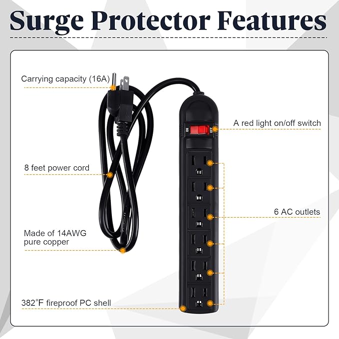 Hoteam 10 Pcs Power Strip Bulk 6 Outlet Surge Protector Power Cord Electrical Extension Cord with Switch Low Profile Plug Flat for Home Office(8.2 ft,Black)