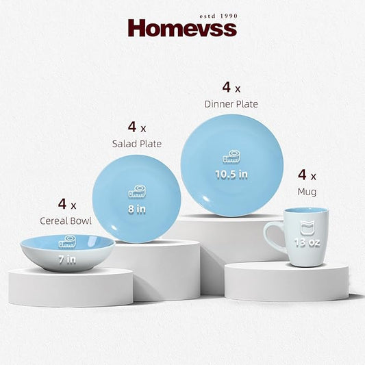 Stoneware Coupe Shape 16pc Dinnerware Set, Outside White + Inside Blue
