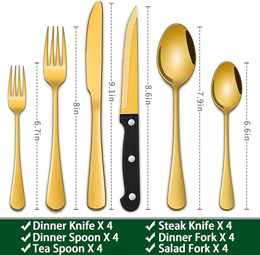 30 PCs Gold Flatware Sets Service For 6 Person,Shiny Gold Stainless Steel Silverware Sets Dinner Knives Fork And Spoons For Home Party And Wedding