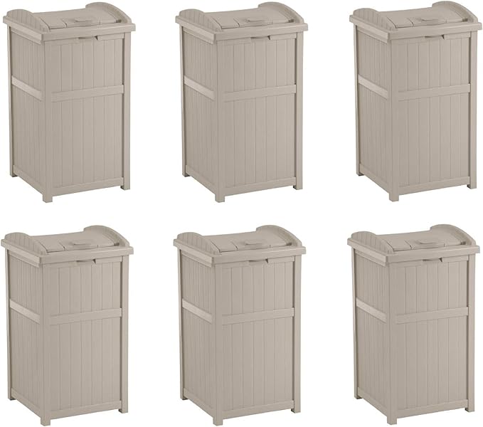 Suncast 6 Pack 15.75" x 16" x 31.6" Trash Hideaway 33 Gallon Resin Outdoor Commercial Garbage Container with Lid for Backyard, Deck, or Patio in Taupe