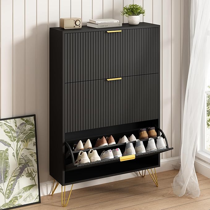 Shoe Storage Cabinet with 3 Flip Drawers, 31.5" W Fluted Shoe Cabinet for Entryway, Hidden Shoe Cabinet Storage, Narrow Free Standing Shoe Orgnaizer Rack Cabinet for Foyer Hallway, Black