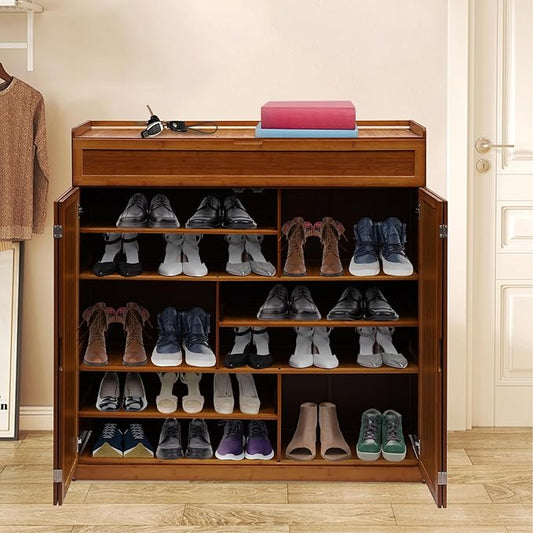 7 Tier Shoe Cabinet, 46 * 13 * 45.3in Entryway Shoe Storage Cabinet Large Bamboo Shoe Storage Cabinets Free Standing Shoes Rack with Doors for Entryway Living Room