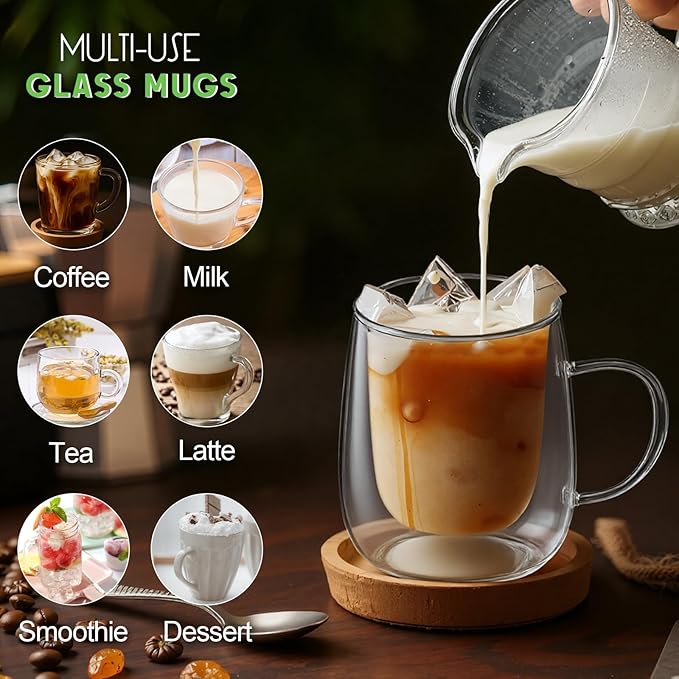 Glass Coffee Cups Set of 4, 13oz Double Walled Glass Mugs with Handles, Clear Insulated Coffee Mug Espresso Cups, Cappuccino Latte Tea Cups Set, Heat Resistant Borosilicate Clear Glasses