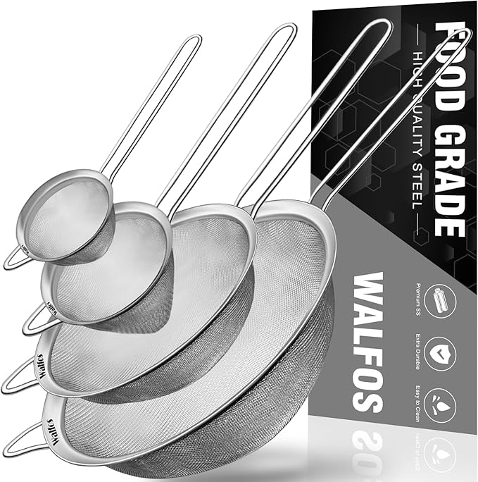 Walfos Fine Mesh Strainer 4PCS, Versatile Kitchen Strainer with Handle - 7", 4.6", 3.15", 2.7" Sieve Fine Mesh Stainless Steel, Metal Strainers and Sifters for Rice, Quinoa, Tea, Cocktail, Juice