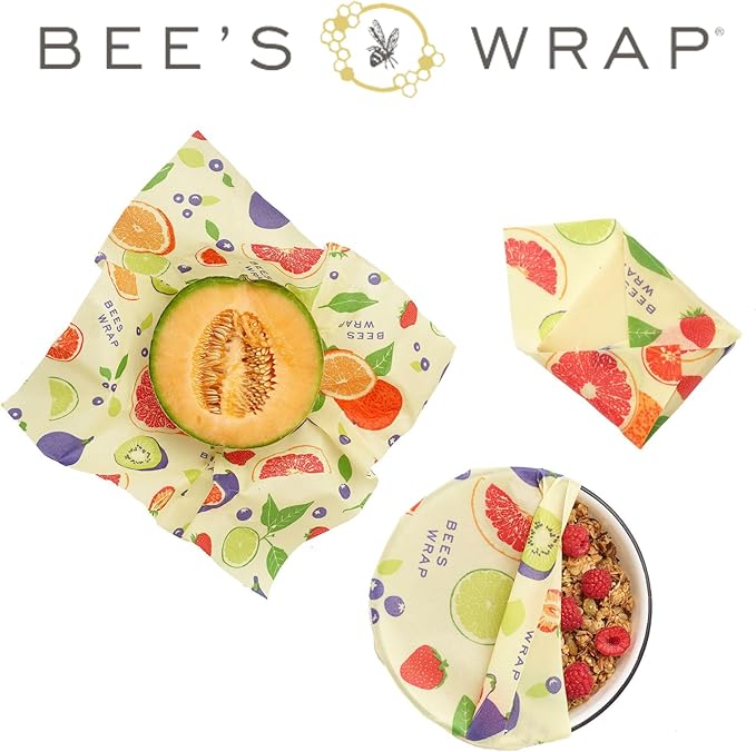Bee's Wrap Beeswax Wraps for Food - Made in USA Reusable & Organic Food Wraps, Sandwich Wrap & Bowl Covers - Eco-Friendly Alternative to Aluminum Foil & Plastic Wrap, Fresh Fruit 3 Pack (S, M, L)