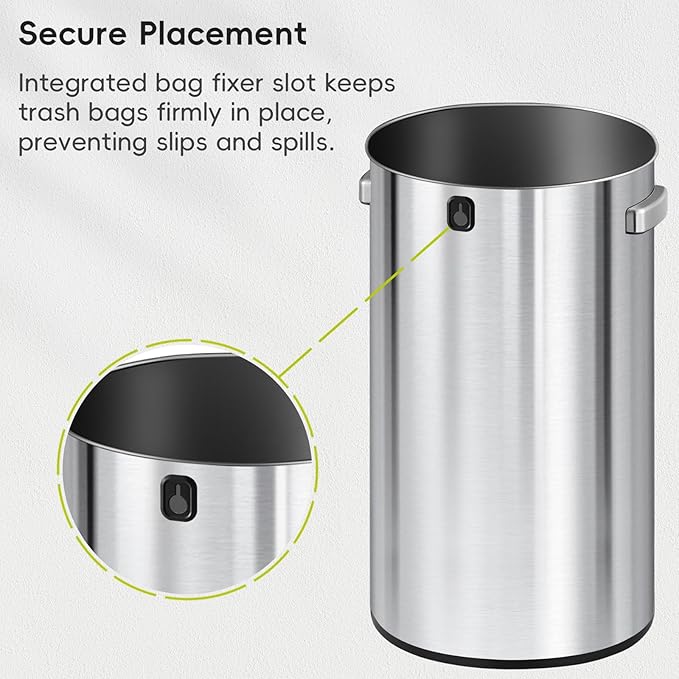 EKO 32-Gallon Round Stainless Steel Open Top Trash Can, Large Commercial Waste Bin with Detachable Lid and Carrying Handle, Brushed Metal Garbage Bin for Home, Office, Restaurant, Restroom