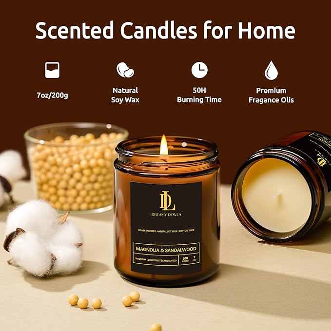 Magnolia & Sandalwood Scented Candles, Soy Candle for Home Scented, Candles Gift for Women Men, 7oz with 50 Hour Burn Time