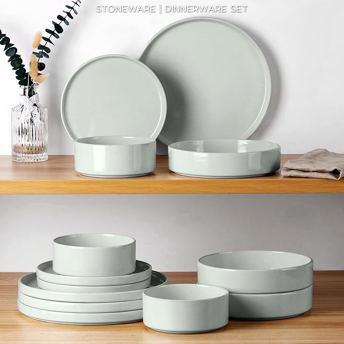 Onader Stoneware Dinnerware Sets for 6 with Double Bowl, 24 Piece Plates and Bowls Dish Dinner Set, Speckled Kitchen Dishware Tableware – Pale Sage Green