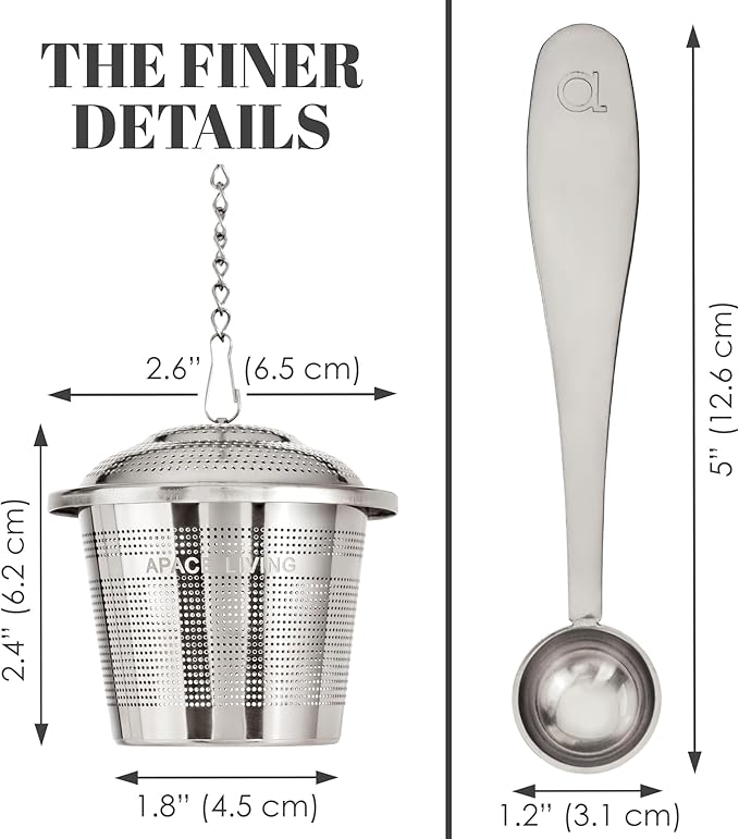 Large Tea Infuser (Set of 2) with Tea Scoop and Drip Trays by Apace – Multi Cup Size Stainless Steel Loose Leaf Tea Strainer and Steeper