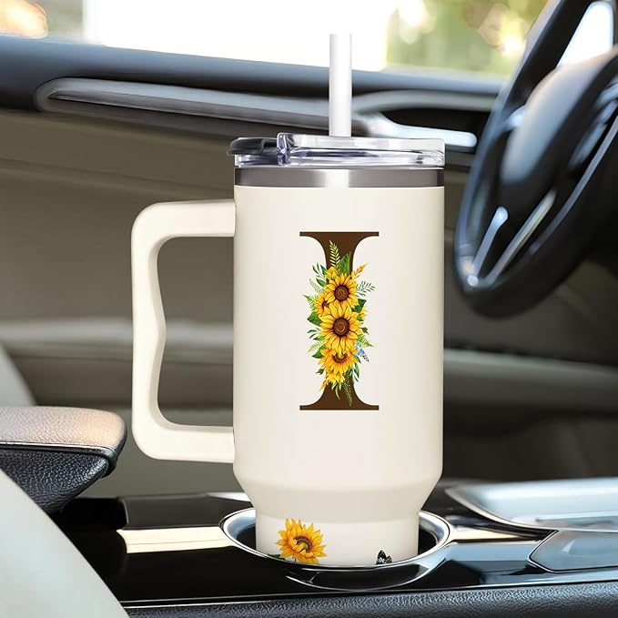 Personalized Birthday Gifts For Women - Sunflowers Monogrammed Cup For Boss Day, Christmas - Customized Gifts For Women, Mom, Wife, Coworkers, Boss Lady, Her - Custom Tumbler With Handle 40oz