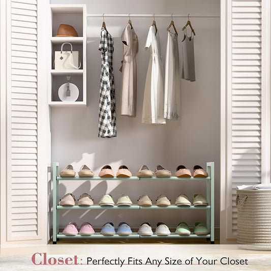 Bumusty 3-Tier Expandable Shoe Rack for Closet, 18“-33” Adjustable Shoe Rack for Small Space, Small Shoe Organizer for Front Door, Sturdy Metal, Green