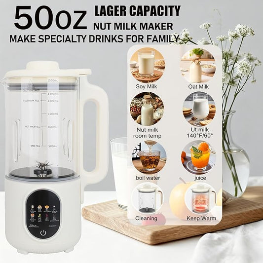 50oz Nut Milk Maker,10 in 1 Nut Milk Maker Machine with 20 Blades,Plant-Based Milk Maker for Soy,Juice, Fruit, Oat, Almond & Temp Hold, Delay Start, Boil & Auto Clean