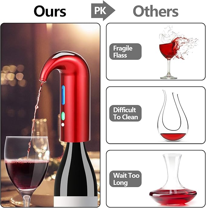 Wine Aerator Electric Wine Decanter – Easy One Touch Red & White Wine Accessories, Ideal for Beginners and Enthusiasts, Spout Pourer, Wine Preserver – Best Christmas Day Gifts for Dad (Lucky red)
