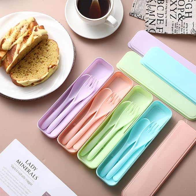 Jinei 50 Sets Reusable Travel Utensils Set with Case Wheat Straw Cutlery Portable Spoon Knife Forks Lunch Box Accessories Friendly Tableware for Kids Adults Camping Utensils(Macaron Color)