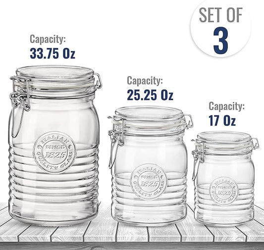 Bormioli Rocco Officina 1825, Set of 3 - Clear Glass Jars with Swing Top - Vintage Industrial Style Airtight Containers for Dry Food Storage, 33.75 Oz, 25.25 Oz, 17 Oz - Dishwasher Safe, Made in Italy