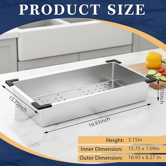 LemonRoad 8 x 17 Inch Stainless Steel Colander for Kitchen, Thickened over the Sink Colander Sink Strainer Basket, Kitchen Supply for Washing Drain Vegetable Fruits Dishes