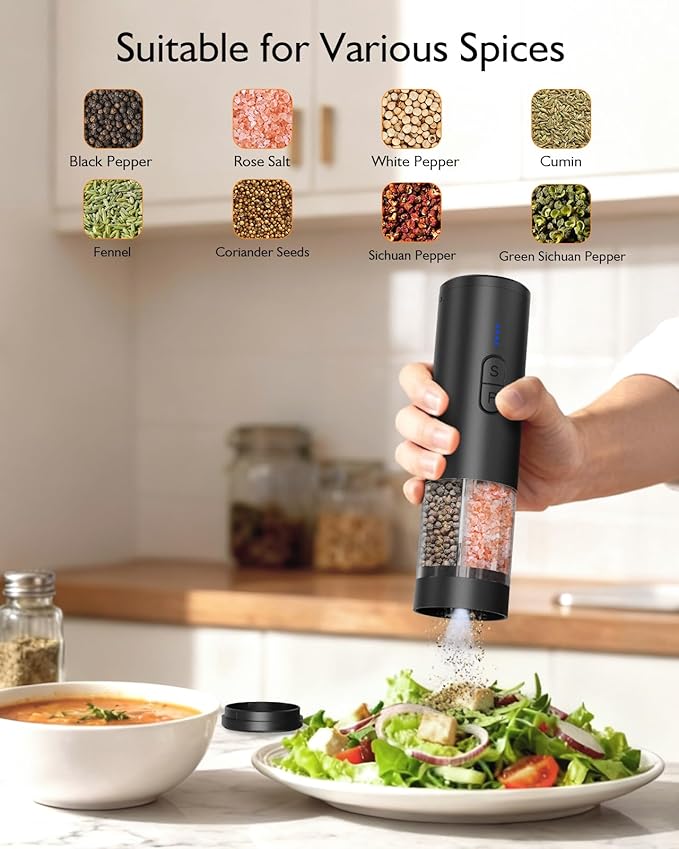 Electric Salt and Pepper Grinder Set, 2 in 1 Dual Bins USB Rechargeable Refillable Automatic Salt and Pepper Mill Shaker with LED Light, Dual Ceramic Grinder Adjustable Coarseness, House Warming Gift