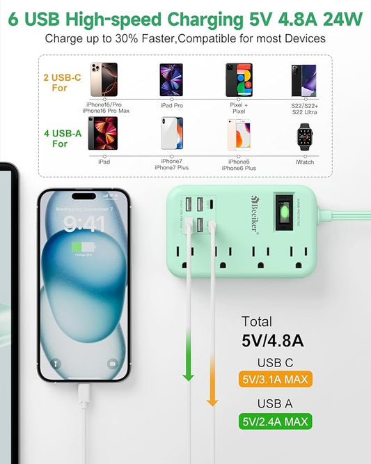 6 USB Green Travel Power Strip- 5Ft Green Extension Cord with 4.8A 2 USB C Charging Station and 4 Outlets, Cute Desk Accessories with Switch for Kawaii Pink Home Office College Dorm Room 24W