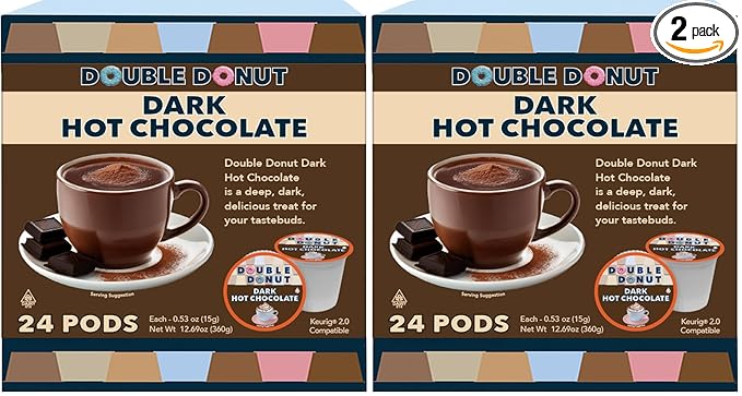 Double Donut Dark Hot Chocolate Pods for Keurig K Cups Brewers, Single Serve Dark Hot Cocoa Pods, 24 Count (Pack of 2)