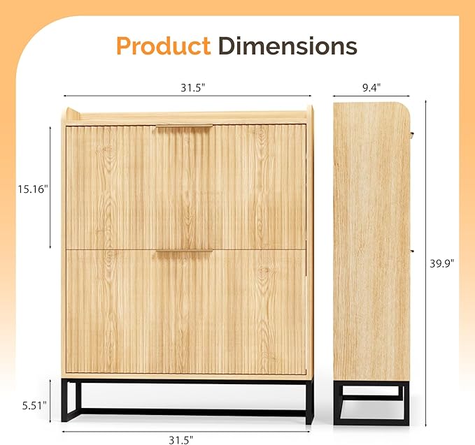 VINGLI Fluted Shoe Cabinet Storage for Entryway,Hidden Shoes Storage Cabinet with 2 Flip Drawers, Mid Century Modern Shoe Rack Organizer,Free Standing Shoes Organizer for Hallway(Natural Oak)