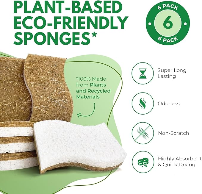 Biodegradable Natural Kitchen Sponge - Compostable Cellulose and Coconut Walnut Scrubber Sponge (6 Pack)
