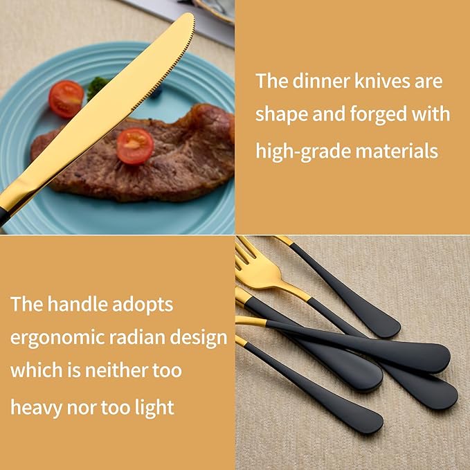 20-Piece Black and Gold Silverware Set 18/0 Stainless Steel Silverware Set Black Handle Cutlery Set Service for 4 Dinner Knives Forks Spoons Set Flatware Set Finish Dishwasher Safe