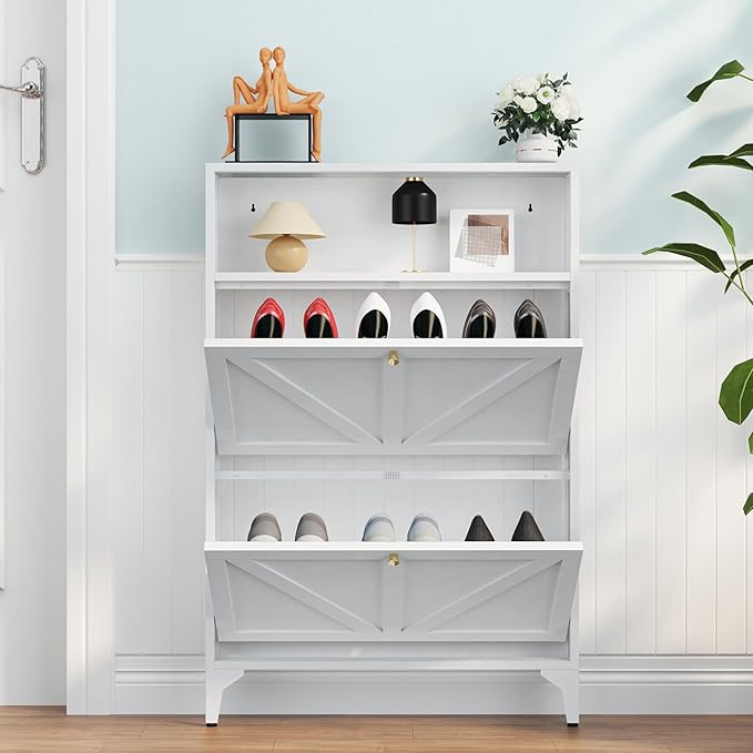 Shoe Cabinet with 2 Flip Drawers, Narrow Shoe Storage Cabinet, Farmhouse Shoe Organizer, Freestanding Organizer with Metal Legs for Entryway, Foyer (2 Door, White)