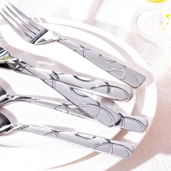HIKAA 60PCS Stainless Steel Silverware Set, Modern Flatware Set for Kitchen, Mirror Polished Cutlery Set with Forks, Spoons and Knives,Dishwasher Safe
